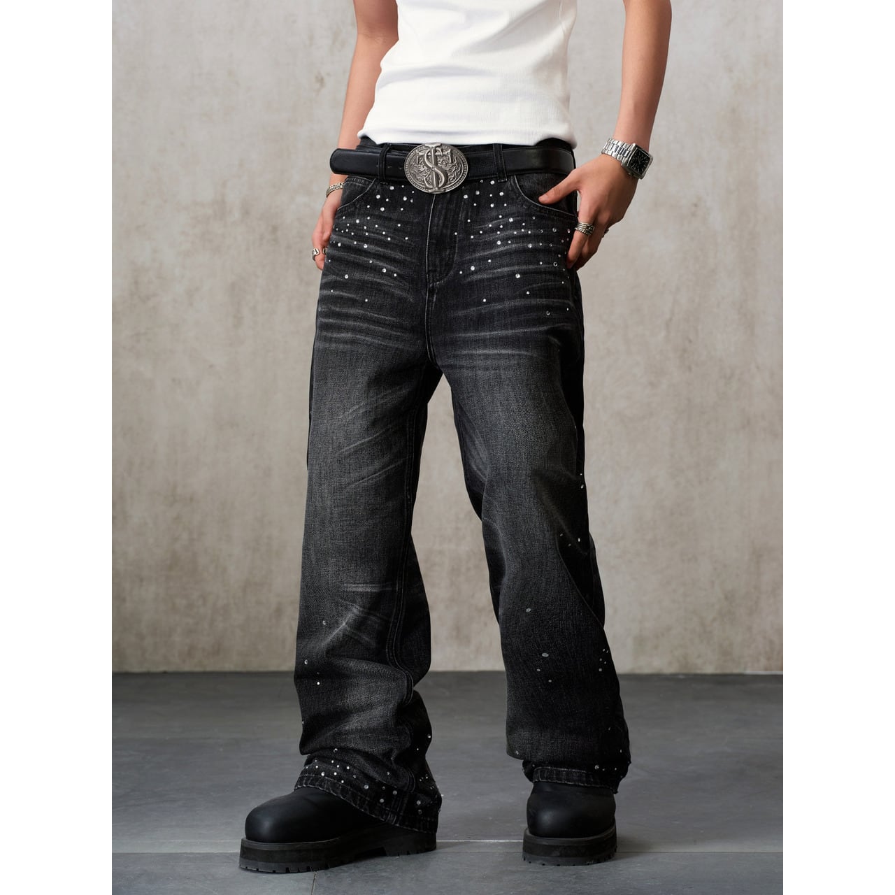 DRIP6881】STKD Rhinestone Studded Washed Black Wide Denim Pants DRIP6881】STKD Rhinestone Studded Washed Black Wide Denim Pants