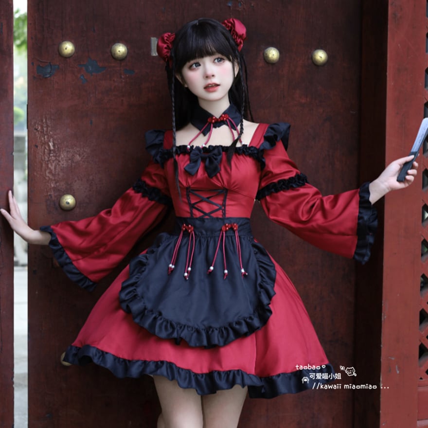 中華ロリータ スクエアネックメイドワンピース エプロン付き｜WithU