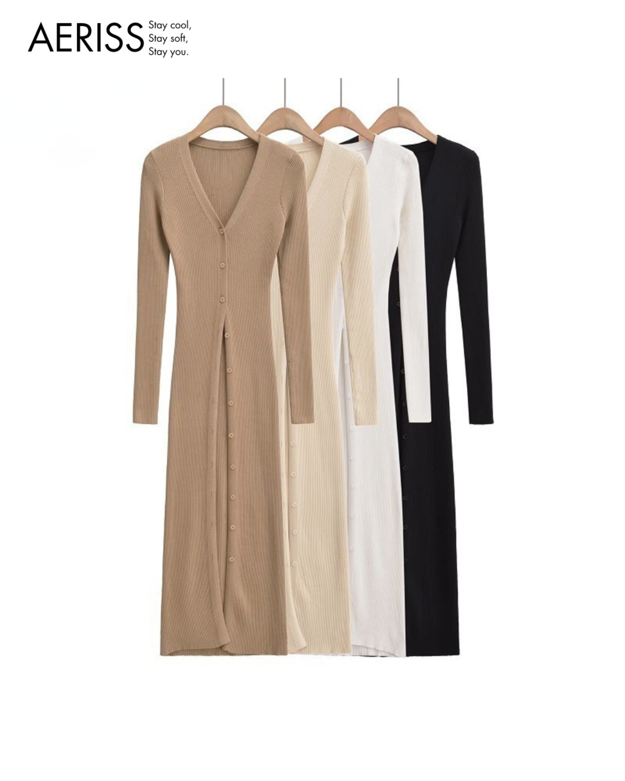 Vネックボタンリブニットワンピース 4color A0693 - 2