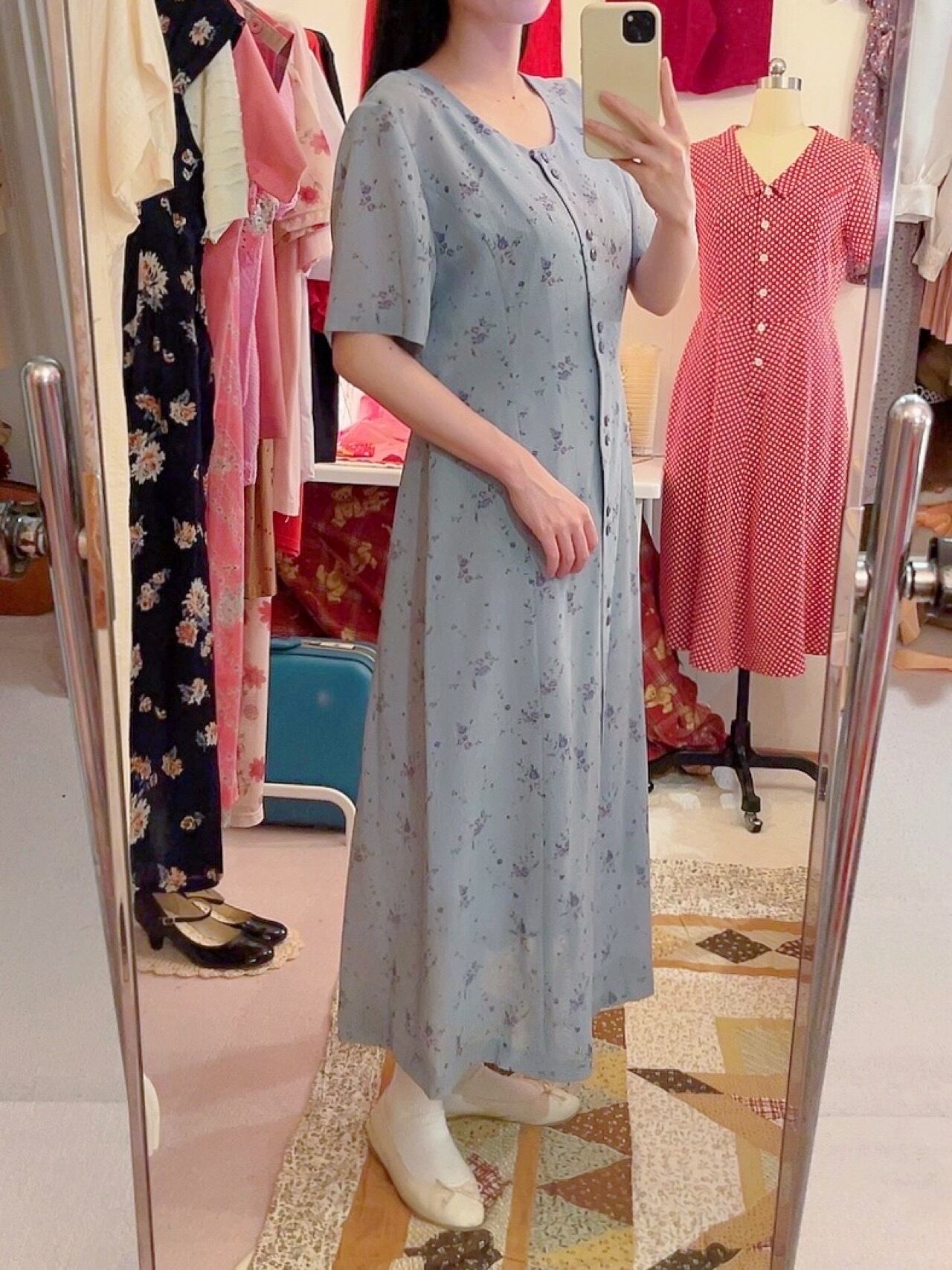 blue purple rose front button one-piece