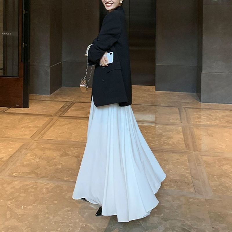 High waist white flared long skirt TH3129 | Leithy