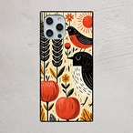 受注生産 iPhoneケース 黒猫と赤い花の民芸柄｜猫モチーフ FMSY054A
