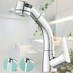 【特価処分】洗面水栓 洗面用混合栓 洗面台蛇口 台付き1穴 シングルレバー混合水栓 ホース引き出し式 360°回転 吐水口昇降 シャワ・泡沫切替 洗面用水栓金具 取り付けホース付き (クロム)