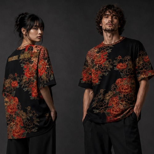 和紋様装飾　牡丹黒　和柄ユニセックス 180G Performance Tシャツ