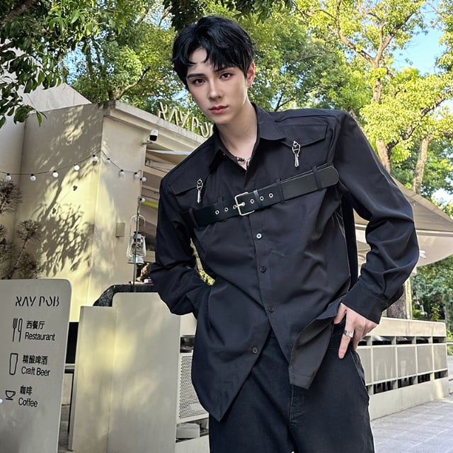 予約販売】シャツ 長袖 無地 レザーベルト 黒 ブラック 個性的