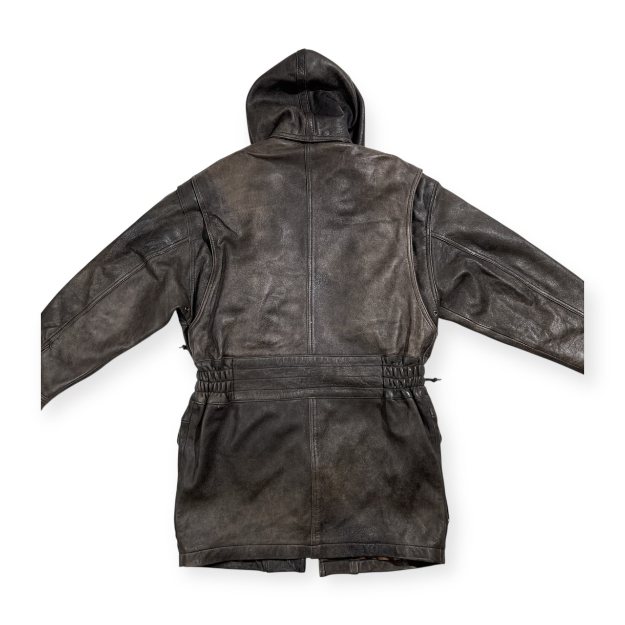 Wind Armor ウィンドアーマー 羊革 ラムレザー 本革 フーデッド ハーフ コート サイズ M /ブラック系 裏地アニマル柄