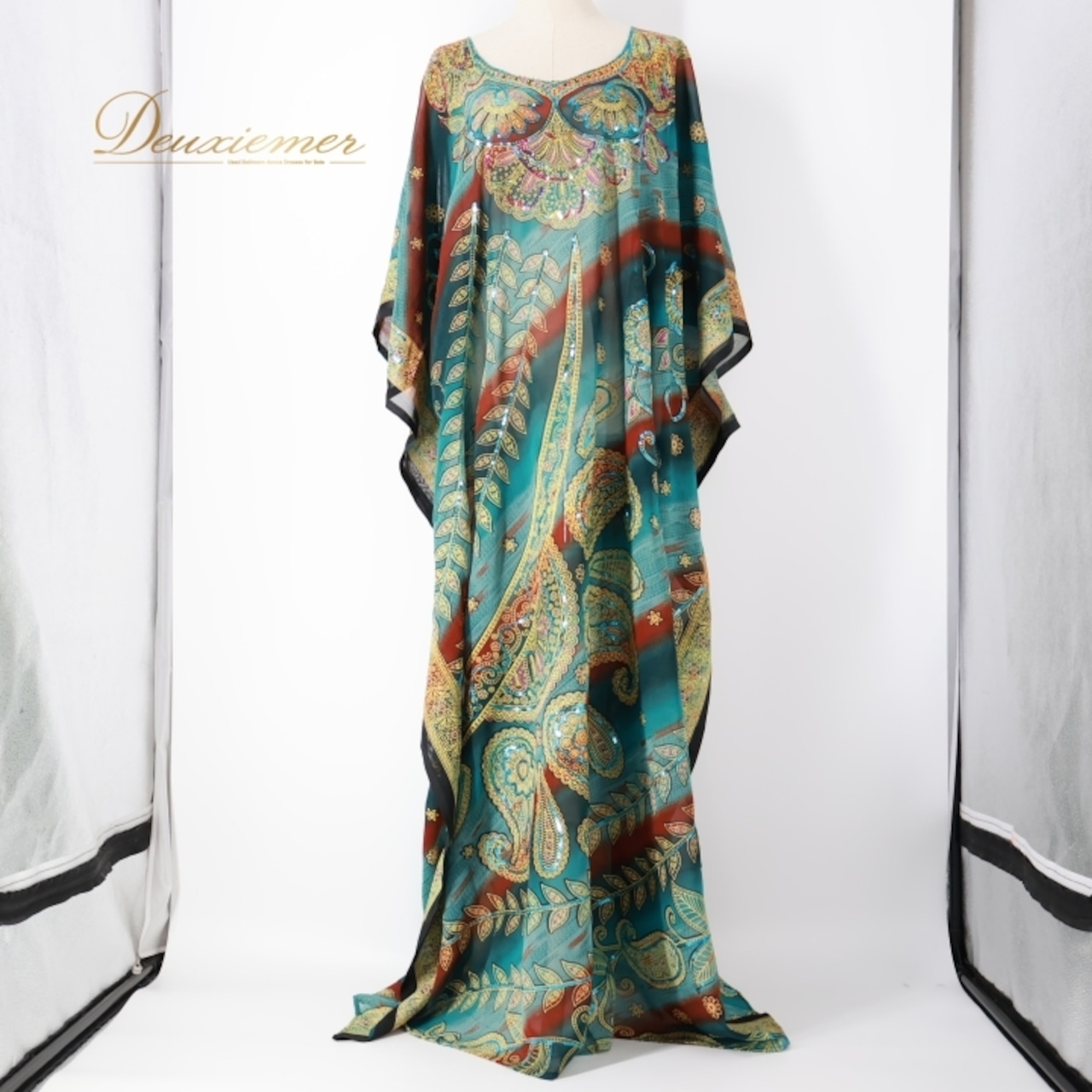 ベリーダンス 衣装 ガラベーヤ グリーン系 羽織り スパンコール 花柄 ペイズリー柄 練習 レッスン ステージ 軽い 薄い 透け感 華やか キラキラ 緑 黄 茶 赤 青 紫 金 イエロー系 ブラウン系 レッド系 ブルー系 パープル系 ゴールド系