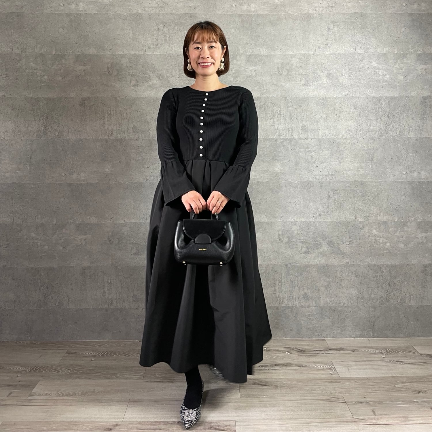 SALE□長さ選べる パール付きお袖フレア2wayニット切り替ワンピース