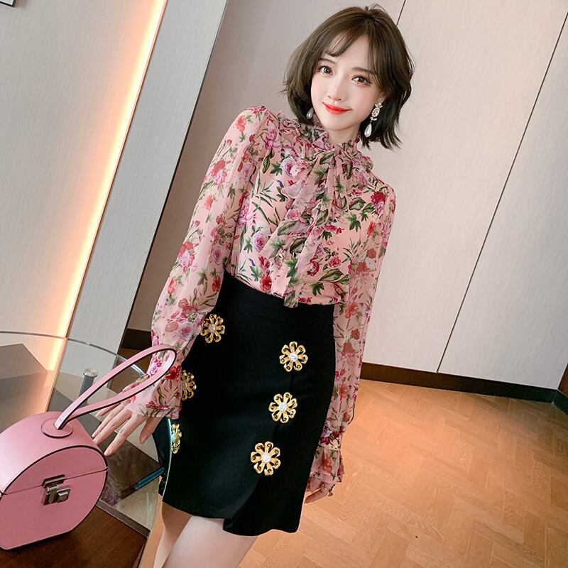 サイドカラープリント柄シャツ スプリング エレガント 春物 MIUCO34629337413