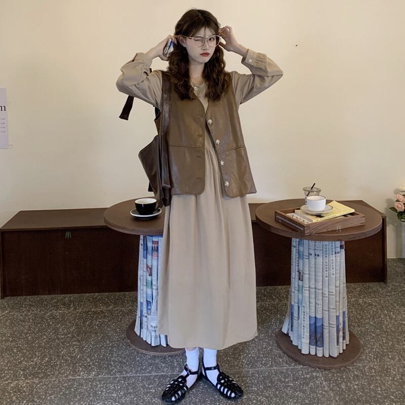 長袖スリーブドレス スプリングオータムスタンダードスカート ロング レトロ 春物 秋物 試着室18825300529