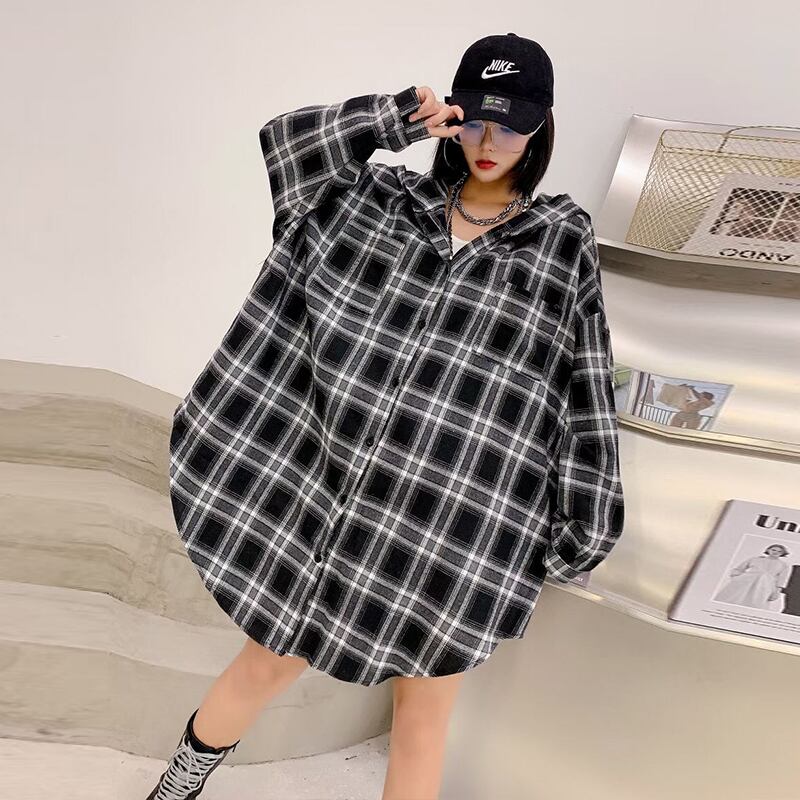 オータムフード格子柄スリムシャツ スタイルコート 大きめサイズ 秋物 ミックスインファッション7091468198