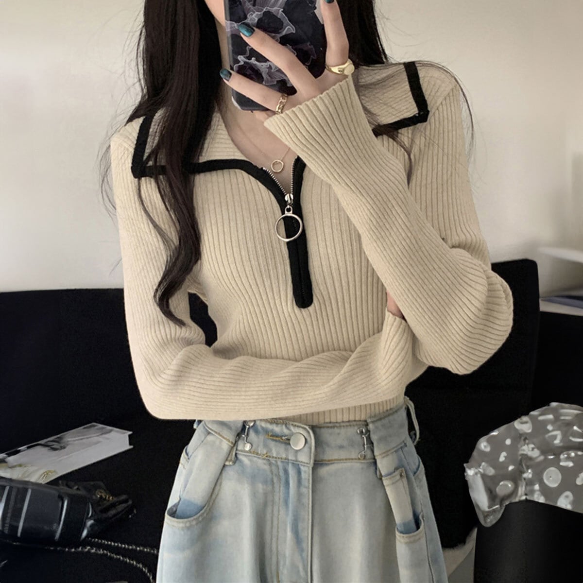 ファスナー付き ニット セーター 長袖 レディース 秋冬 韓国 おしゃれ 大人 カジュアル ハーフジップ リブニット きれいめ トップス インナー 大人可愛い 大人女子