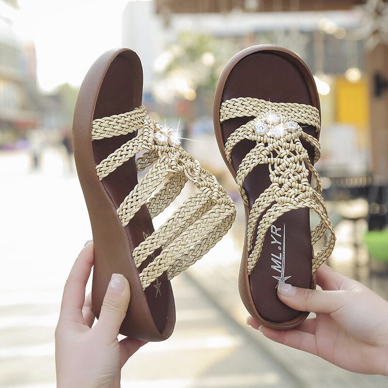 【新作】【送料無料】 ラインストーンの女性用サンダルとスリッパを備えた2018年夏の新しいファッション織りウェッジボヘミアンフラットカジュアルスリッパ-アリババ ミュール 靴 シューズ サマー 夏物 10b738581941261