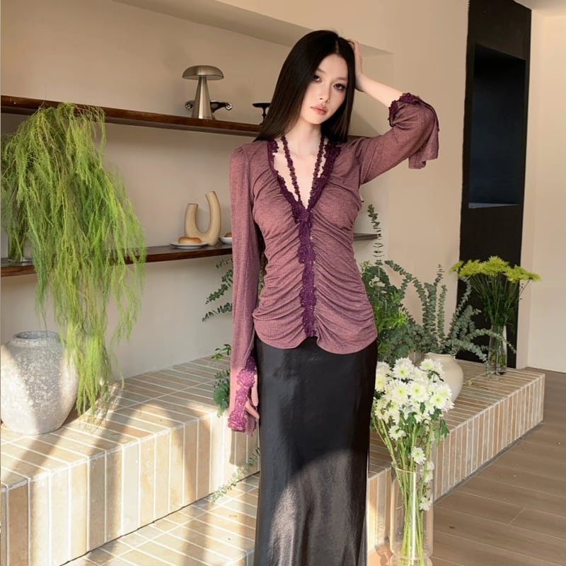 【tops】透け感レースドッキングトップス Q7921