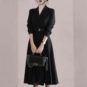 【送料無料】ワンピース レディース トレンチ風ワンピース フレアワンピース フレア ハイウエスト ウエストマーク ベルト 長袖 テーラードカラー 膝下 ひざ下 ミモレ丈 無地 シンプル 着痩せ 細見え 体型カバー 大人 上品 きれいめ お出かけ フォーマル お呼ばれ 謝恩会 食事会 かっこいい 清楚 おしゃれ お洒落 韓国 春 秋 冬 20代 30代 40代 50代 60代 ブラック 黒