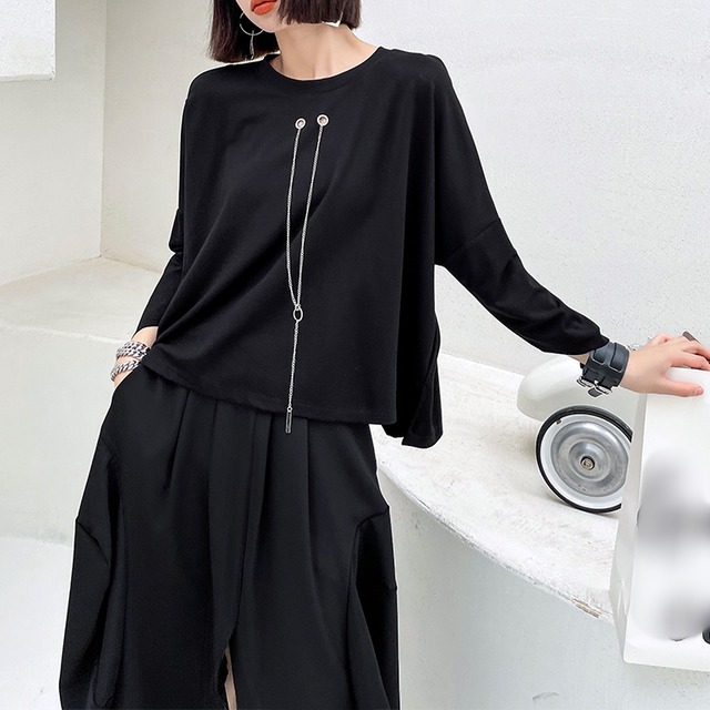 ROUND NECK 3/4 SLEEVES CHAIN ZIP TRIMMED SOLID T-SHIRT 2colors M-6711