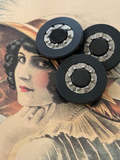 20mm Japanese Vintage ボタン ブラック×シルバー カボション 昭和レトロ アクセサリーパーツ 装飾材 カルトナージュ