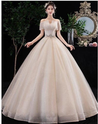 美品！ ウエディングドレス シャンパン色 キラキラチュール ロング