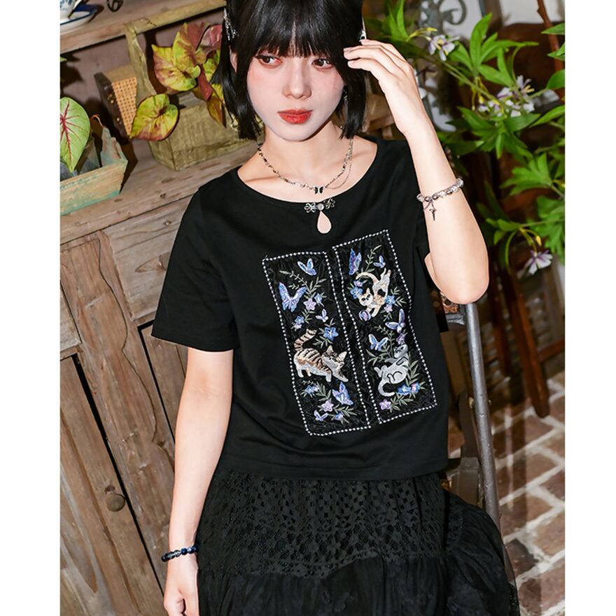 サブカル 服 地雷系 通販 チャイナ風服 古怪舎 Tシャツ 刺繍 水玉襟 チャイナ風服 30代