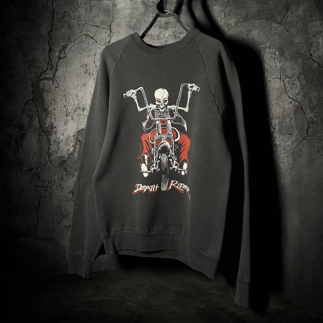 80s Vintage / DEATH RIDER スカル × バイクプリント ラグランスウェット / ブラック