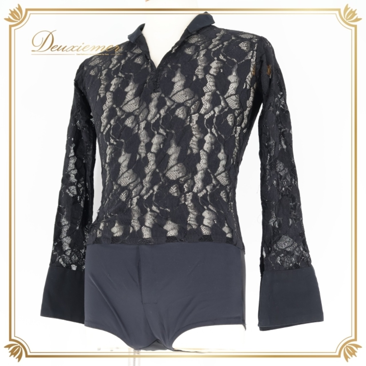 社交ダンス 衣装 ブラウス トップス 黒 レース メンズ 男性 長袖 ダンス パーティ 発表会 デモ 競技 パーティ衣装 ラテン ジャズ ブラック系 スタイリッシュ エレガント フォーマル おしゃれ ダンスウエア