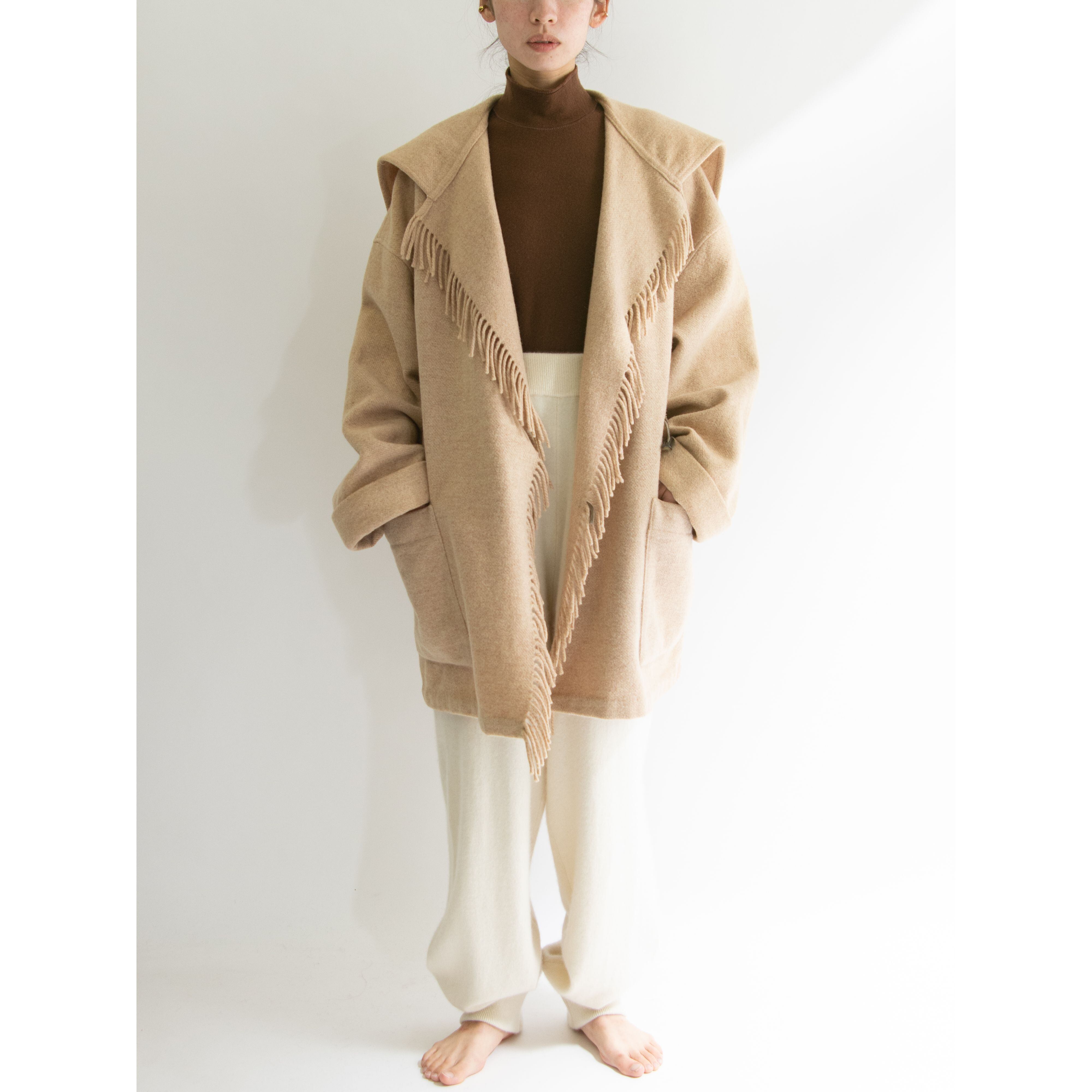 【UNITED COLORS OF BENETTON】Oversized Wool Fringe Blanket Jacket（ベネトン ウールフリンジブランケットジャケット オーバーサイズコート）