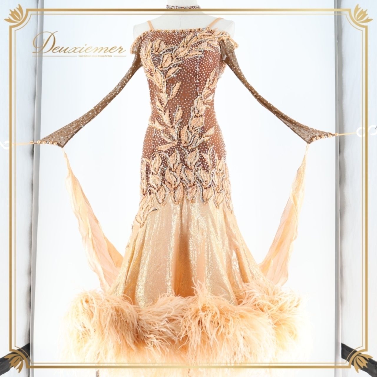 社交ダンス 衣装 スタンダードドレス ワンピース ドレス ファー 茶色 ゴールド 金 ブラウン デモ 競技 ダンス パーティ 発表会 ブラウン系 ゴールド系 お洒落 フワフワ エレガント レディース 発表会衣装 大人用 ステージ衣装 パフォーマンス コスチューム 競技会用