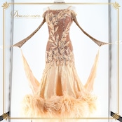 社交ダンス 衣装 スタンダードドレス ワンピース ドレス ファー 茶色 ゴールド 金 ブラウン デモ 競技 ダンス パーティ 発表会 ブラウン系 ゴールド系 お洒落 フワフワ エレガント レディース 発表会衣装 大人用 ステージ衣装 パフォーマンス コスチューム 競技会用
