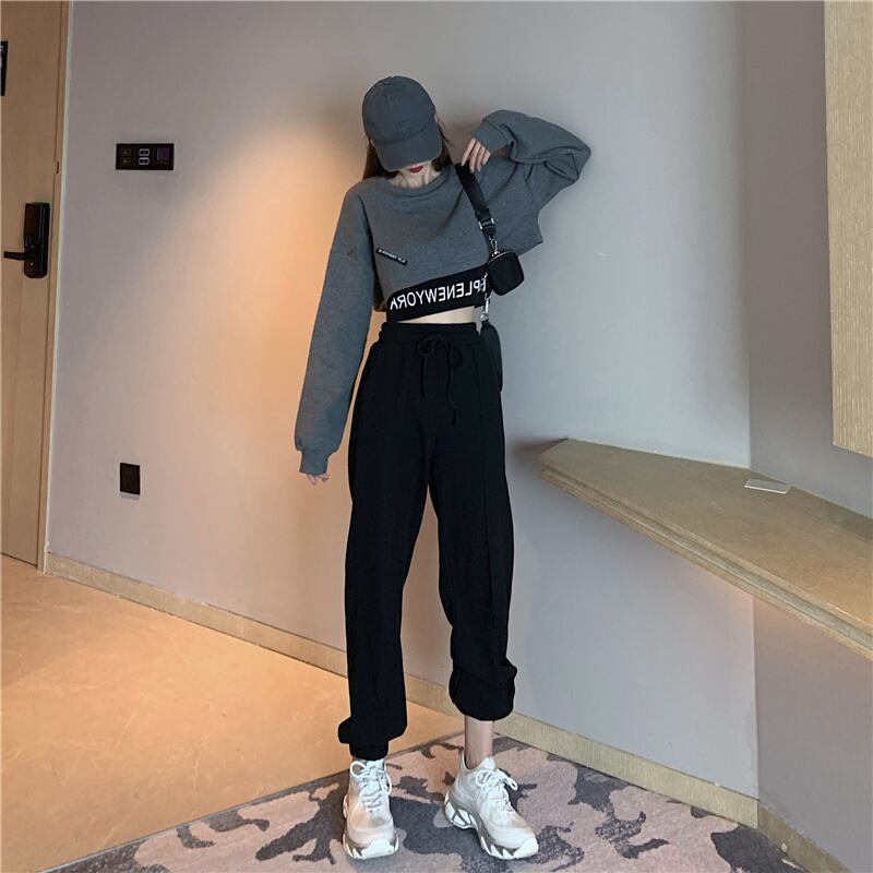 スタックドフェイクツーピースプリントグレーセーター女性秋ルーズ長袖プルオーバージャケット2020新しいクロップドトップ ブラックストロベリース47396236284