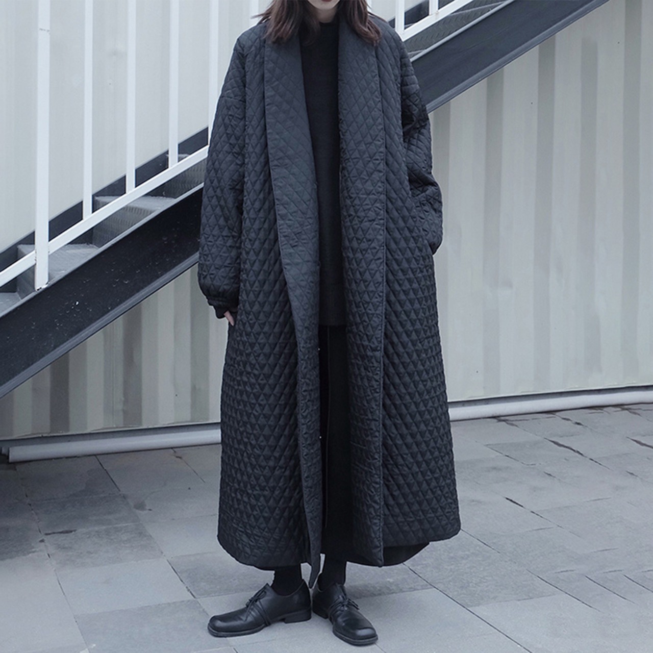 Back Button Cotton-padded Long Coat / バック ボタン コットンパッド ロング コート