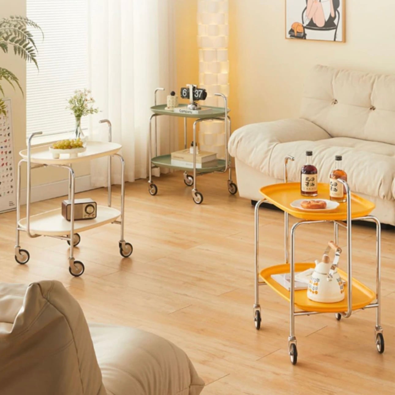 ミッドセンチュリー アイアンフレーム ガラス天板トローリー サービスワゴン ミッドセンチュリー アイアンフレーム ガラス天板トローリー サービス