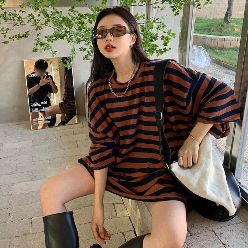 薄手ストライプカラーTシャツ シャツ レディースサマースタイルスタンダードルーズトップス レトロ 夏物 ガールズファッション62741193461