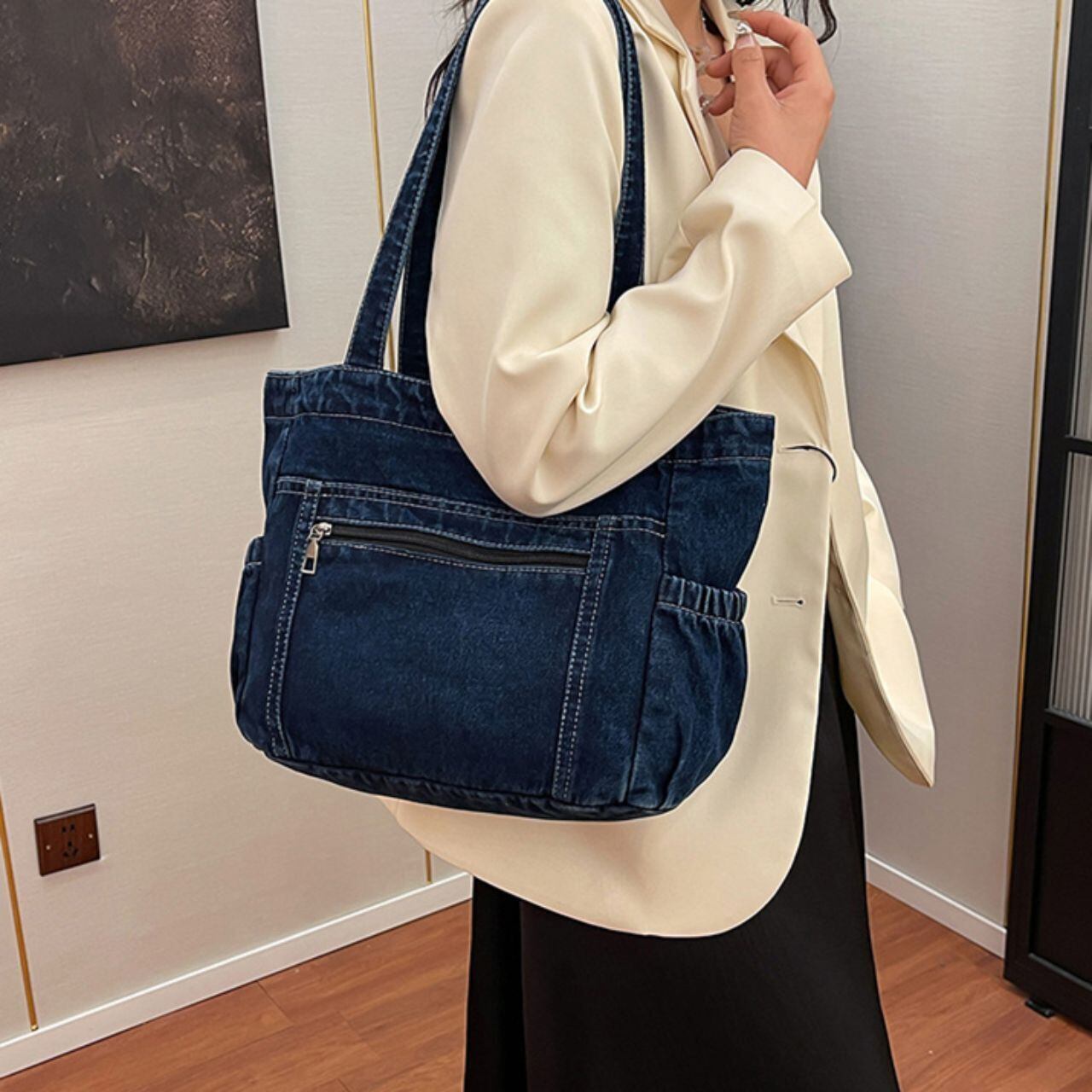 フロントジップ付き デニムトートバッグ Ln00361