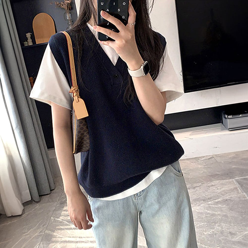 ニットベスト レディース 韓国 レイヤード 重ね着 秋冬 トップス