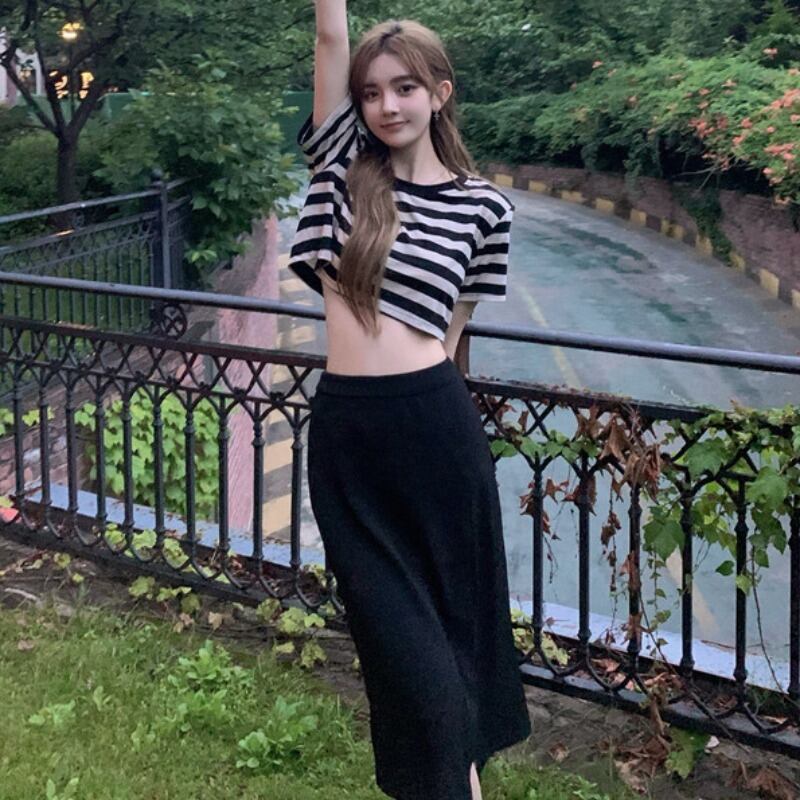 サマーストライプTシャツ ハイウェストウェストスカート 夏物 YY-ファッション7884984793