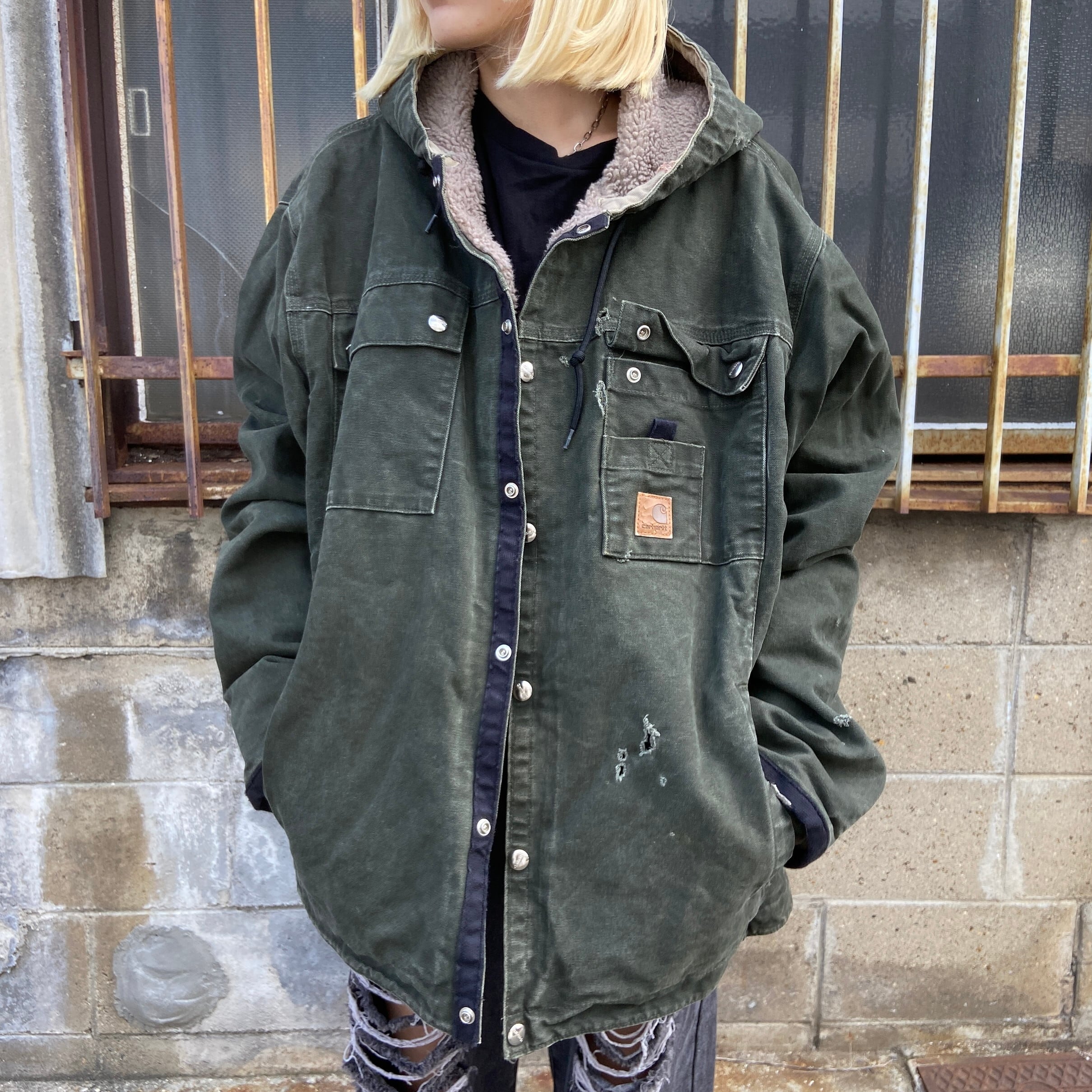 Carhartt カーハート サンドストーン フードジャケット メンズL 古着 ダック地 ワークジャケット ボアライナーモスグリーン  緑色【ワークジャケット】 | cave 古着屋【公式】古着通販サイト