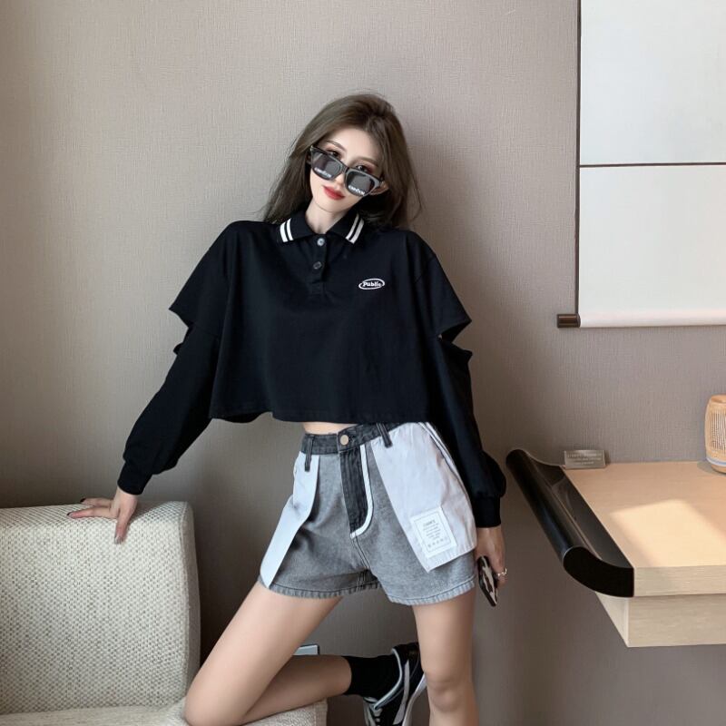 ショートハイウエスト刺繡ルーズブラックポロカラー長袖Tシャツレディース2020年秋新作ワイルドトップ ブラックストロベリース89615076724