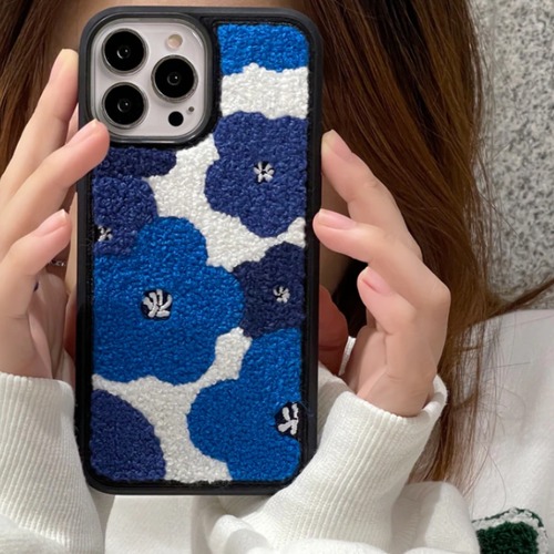 もこもこタオル地 ブルーデイジー 花柄 フラワー スマホ ケース カバー iphone13  XS XR 11 12 MAX アイフォンケース
