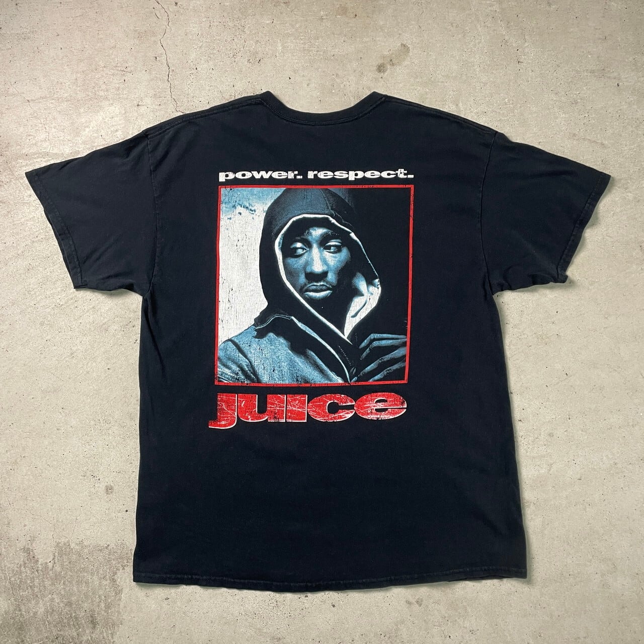 映画 JUICE POWER RESPECT 2PAC ヒップホップ ラップ ツーパック ムービーTシャツ メンズXL 古着 バックプリント フォトプリント ブラック 黒 【Tシャツ