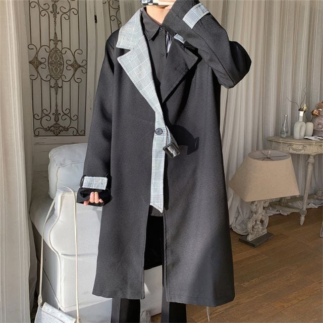 【予約販売】トレンチコート バイカラー 切り替え グレンチェック柄 ミドル丈 メンズ ブラック 無地 シンプル 男前 シック 韓国 オーバーサイズ 綺麗め 冬コート 防寒 ビジネス 通勤 防寒 お洒落 こなれ感 ベーシック 秋冬 大きいサイズ M/L/XL