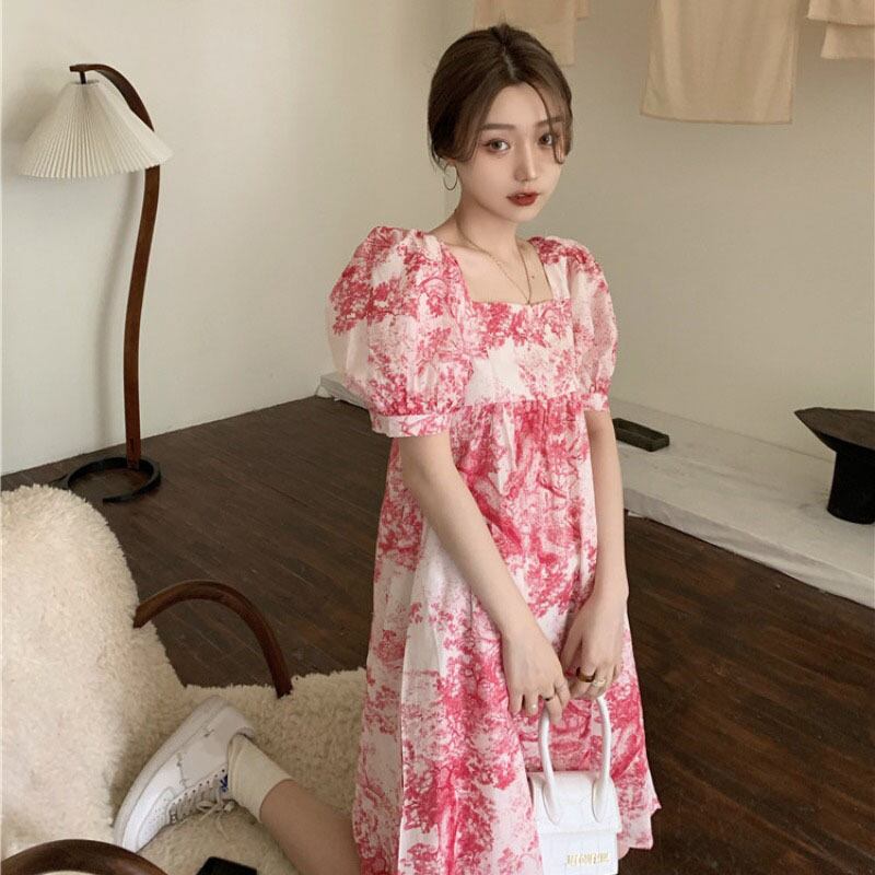 フローラルドレス サマースタンダードスタイルカラースカート ウェストAライン ピンク レトロ 夏物 花柄 スクウェア YY-ファッション18528316969