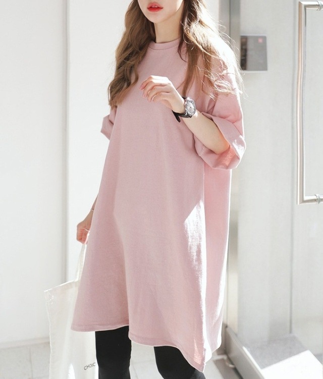 ロングTシャツ チュニック 半袖 Tシャツ レディース カットソー Tシャツワンピース ロングＴシャツワンピ シンプル カジュアル 大人 おしゃれ 大人女子 とろみ感 無地 春 夏 お出かけ 休日 旅行 普段使い 楽ちん 体系カバー 送料無料 M L XL 2XL 3XL ゆったり サイズ ピンク