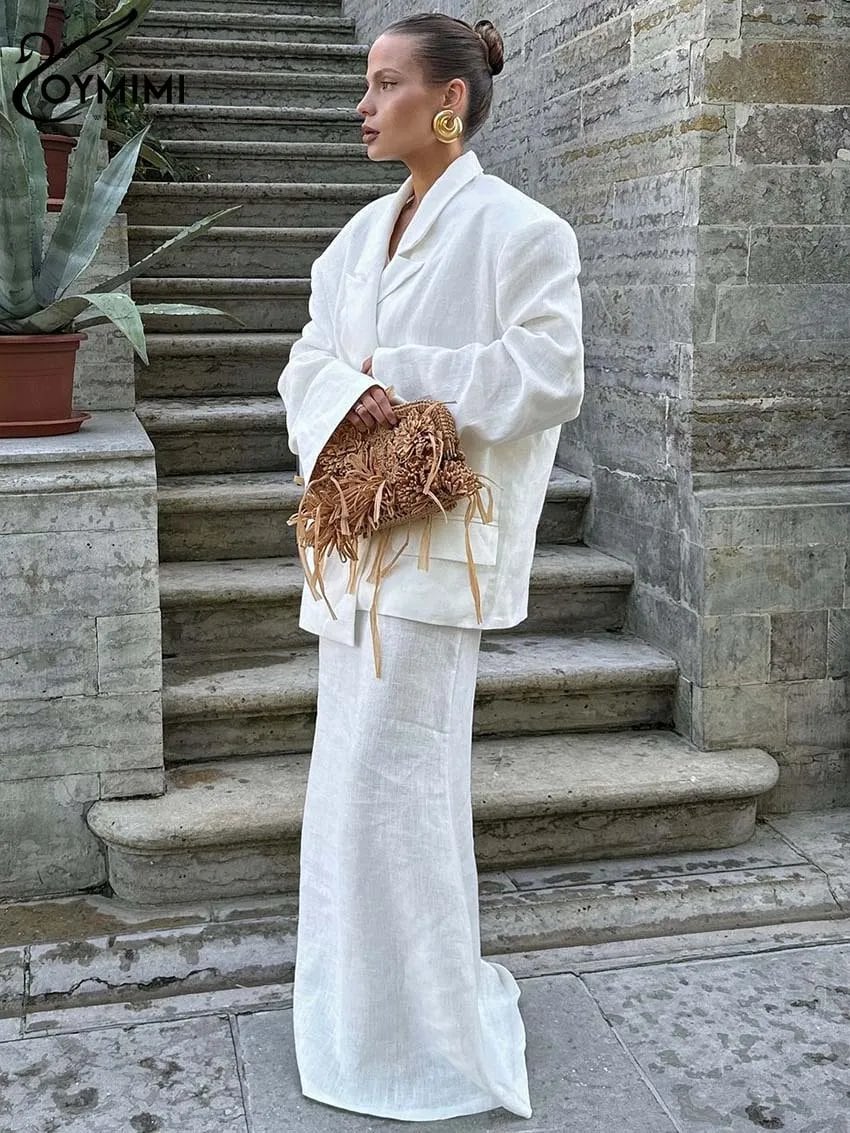 Oymimi カジュアルホワイトツーピースセット女性のためのエレガントな長袖ポケットブレザーとハイウエストストレート床長さのスカートセット