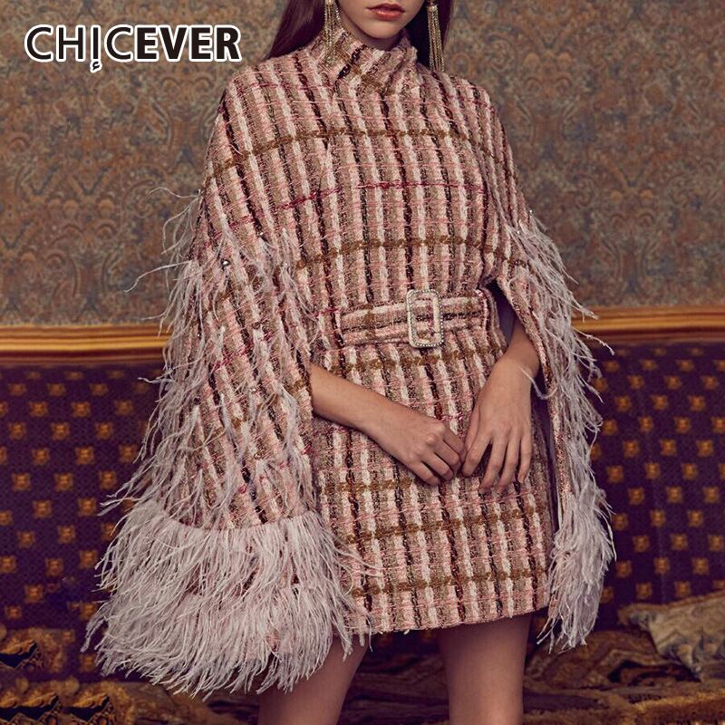 CHICEVERヒットカラーチェック柄コートレディースタートルネックバットウィング長袖ウエストサッシジャケット2021 ロング 6base574683082122