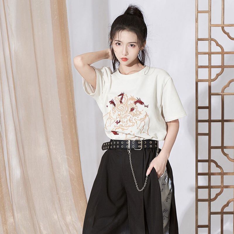 サブカル 服 地雷系 通販 Tシャツ 半袖 チャイナ服 ドラゴン 竜 刺繍 カジュアル おしゃれ ユニセックス