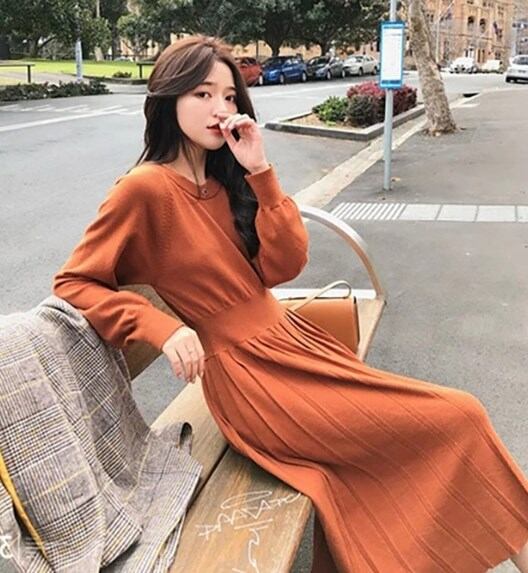 ワンピース セーター ピンク 黒 ニットワンピース プリーツ aラインワンピース