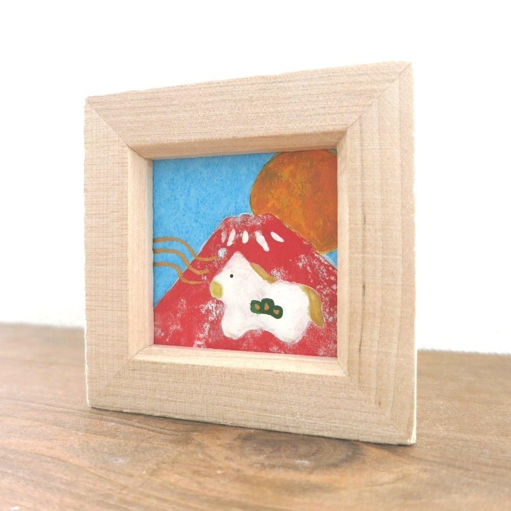 日本画原画】赤富士と初日の出と干支の馬 と黄金の風（正方形） ミニ