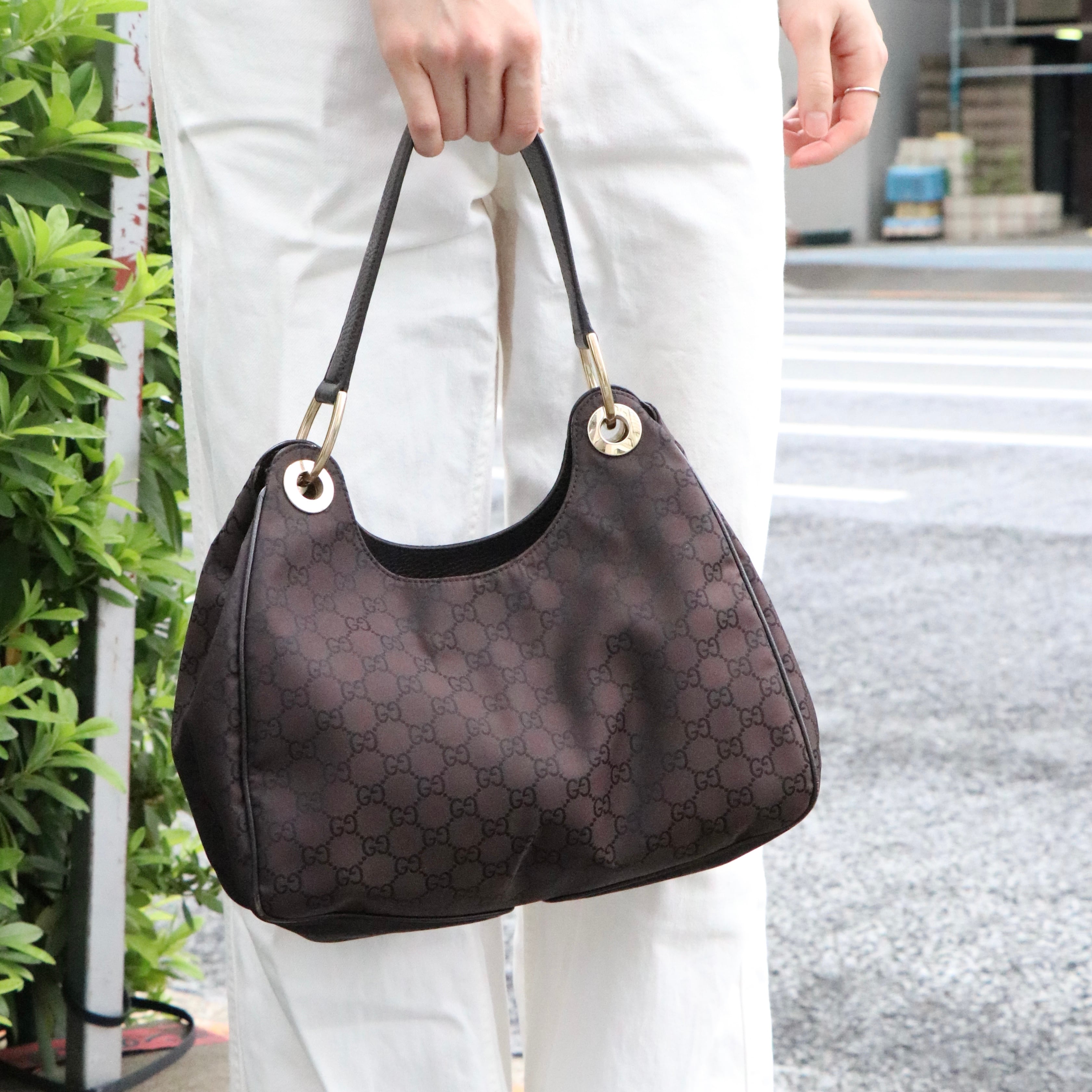 GUCCI グッチ GG ワンショルダー バッグ レザー キャンバス ブラウン 