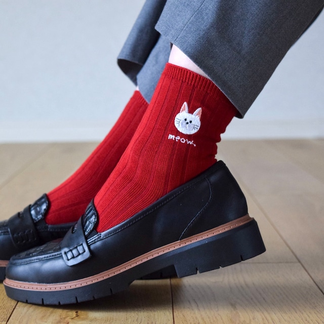 選べる猫29種！レディース刺繍ソックス【レッド】靴下 母の日 記念日 誕生日 うちの子 クリスマス