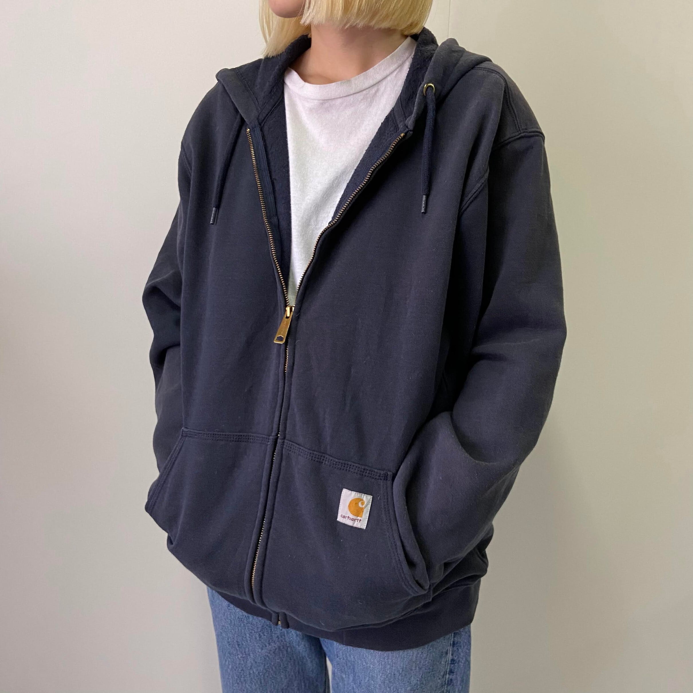 Carhartt カーハート ワンポイントロゴ 刺繍 フルジップ スウェットパーカー ネイビー 紺 メンズm 古着 パーカー Cave 古着屋 公式 古着通販サイト